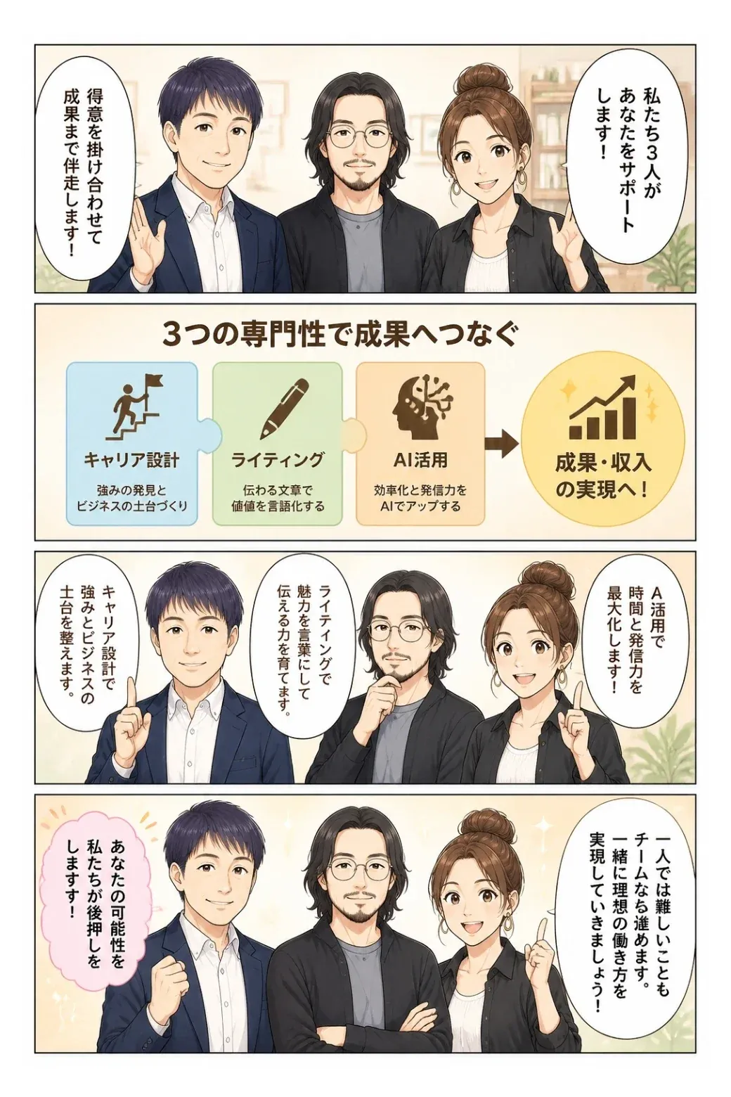 3人の専門家がWORDGYM受講生を支えるイメージ